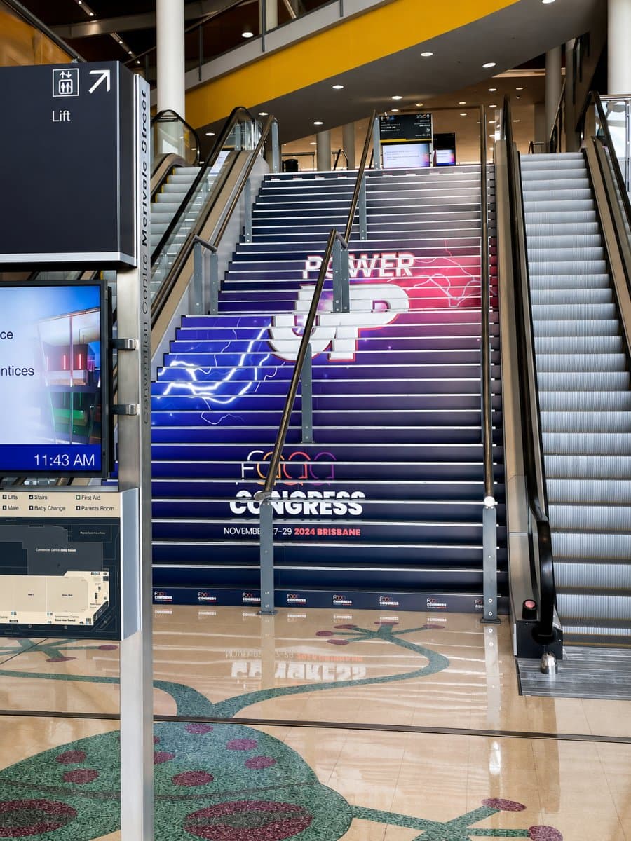 Printed stair wrap on a convention centre staircase