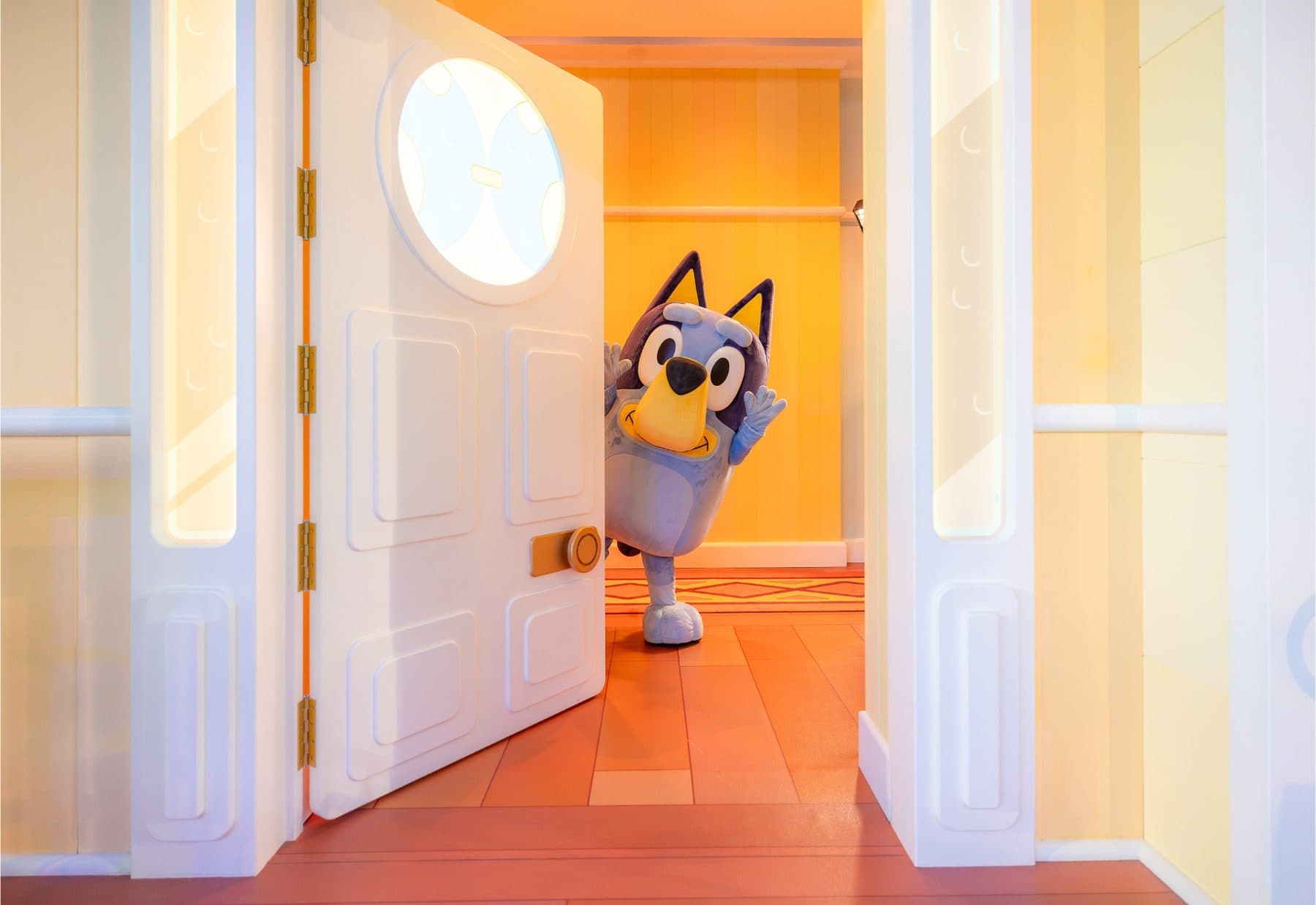 Themed interior hallway with printed wall panels