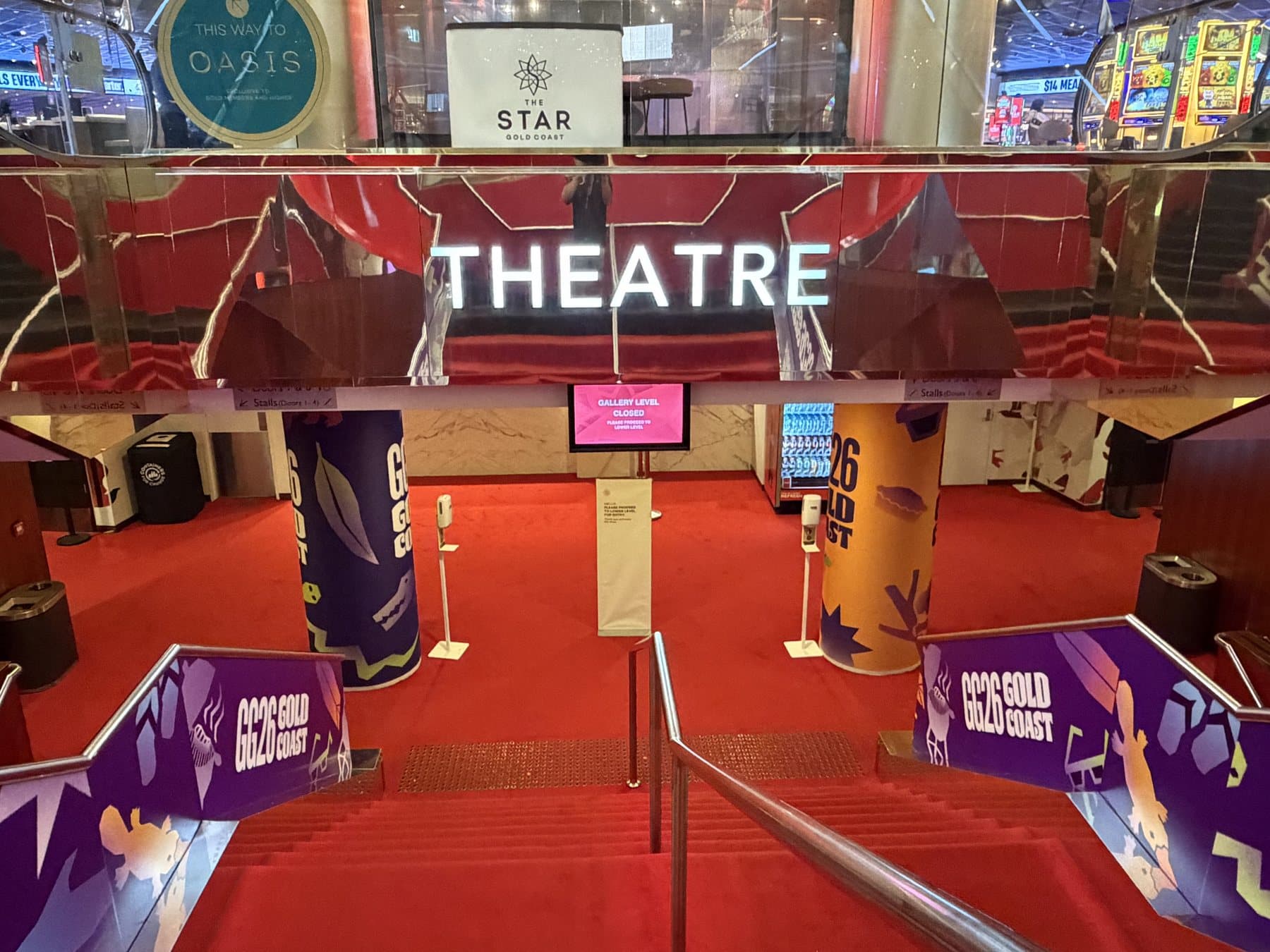 Theatre foyer dressed with printed pillar wraps and balustrade wraps