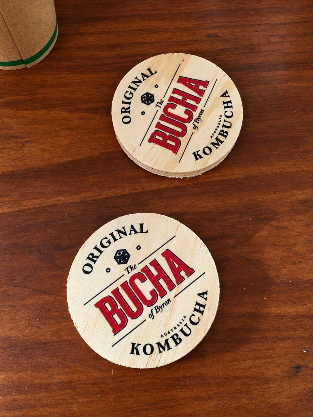 Round coasters printed directly onto timber